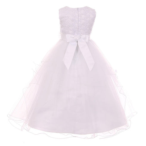 Little Girls White Pearl Flower Adorned Multi Layer Flower Girl Dress 4-6 - SophiasStyle.com